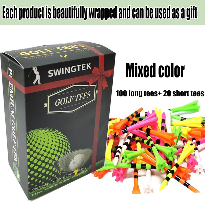 SWINGTEK 120 Pack Plastic Golf Tees,Contain 100 pcs 3-1/4 Inch Unbreakable Long Tees and 20 Short Tees,Mixed Color,Frictional Resistance Reduction - Image 3